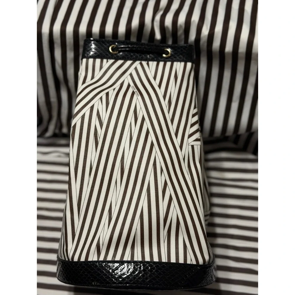 Henri Bendel West 57th Striped Drawstring Backpack Brown White Snakeskin Trim